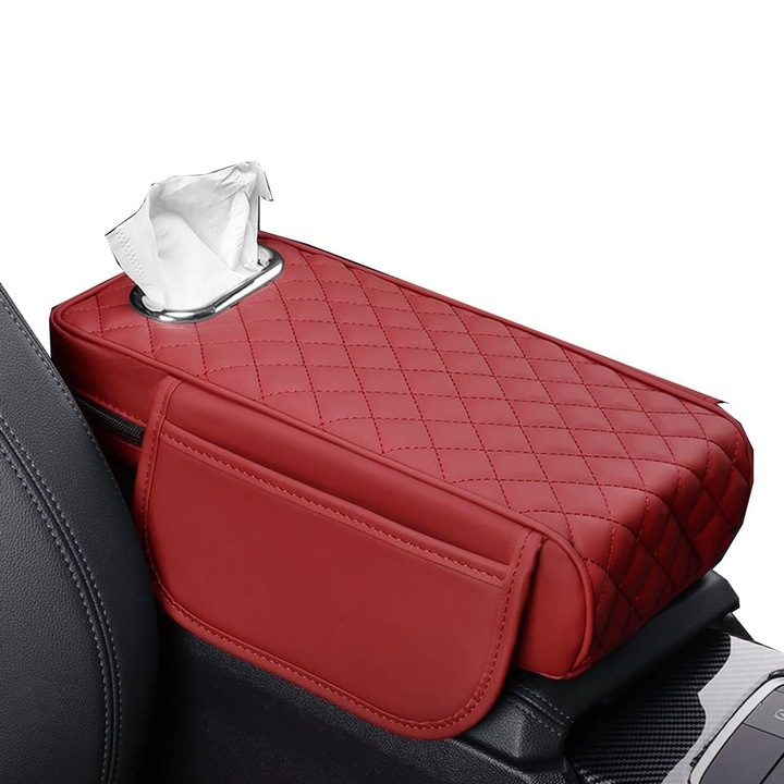 Husa Cotiera Auto Universala TNS®, Varianta Luxury, Cusaturi si Materiale Premium, Suport de Servetele, Piele Sintetica, Spuma cu Memorie, Banda Velcro, 2 Buzunare pentru Depozitare, Dimensiuni 35x18x7 cm, Rosu