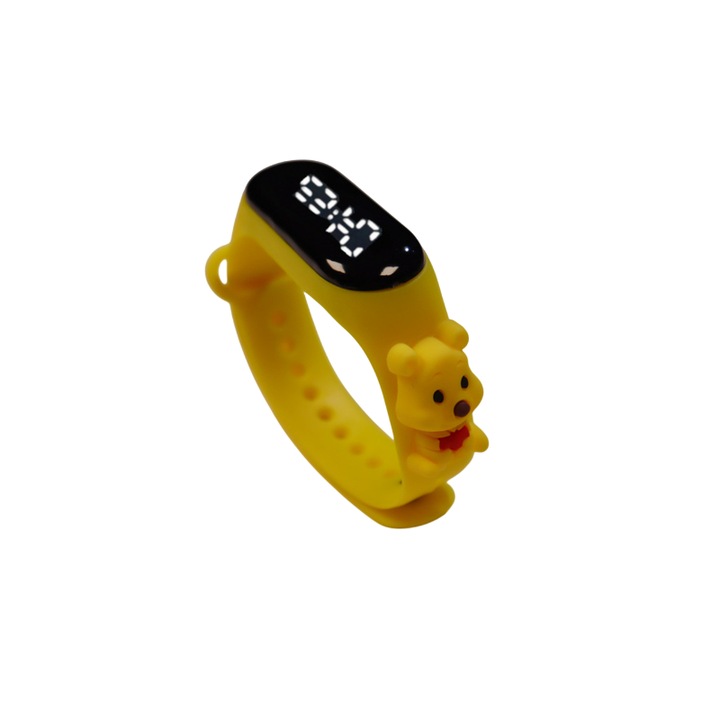 Детски часовник, силиконова регулируема каишка Mixbo, вградена регулируема батерия, цифров циферблат, жълт, мече, унисекс