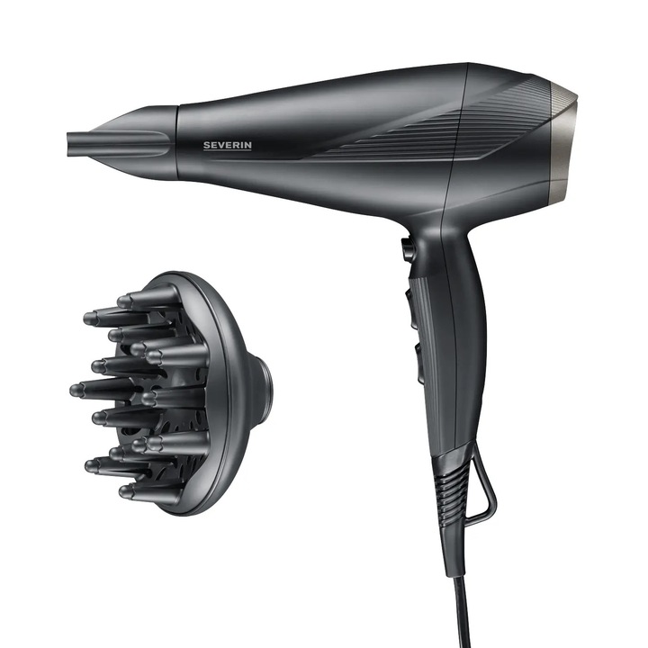 Severin hajszárító, HT 0167, ionizációs technológia, 2300 W, 3 hőmérséklet fokozat, 2 sebesség, hideg levegő, 2,8 m kábel, kivehető szűrő, túlmelegedés elleni védelem, tartozékok mellékelve, fekete