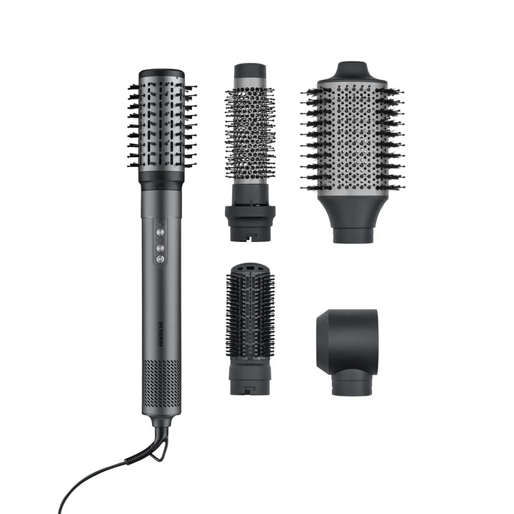 Severin 5 az 1-ben hajszárító cserélhető fejjel, Multi Style Pro, ionizációs technológia, 3 hőmérséklet fokozat + hideg levegő, 2 sebesség, öntisztító funkció, 2,8 m kábel, túlmelegedés elleni védelem, tartozékok mellékelve, antracit