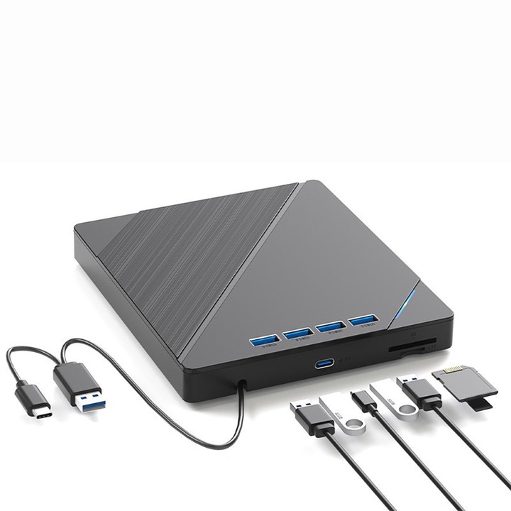 7 в 1 многофункционално външно оптично устройство, CD, DVD, USB 3.0, Type-C, слот за TF карта, Plug and Play, компактно и преносимо, компактно и преносимо, съвместимо с лаптоп, компютър, настолен компютър, MacBook, Windows 7/8/10/11, черно