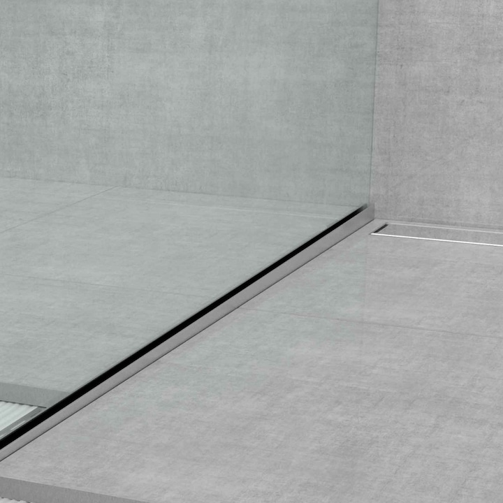 Profil Compensare Panta Dus Walk-In cu prindere sticla STKPV, Montaj pe partea Stanga a rigolei, Inox Periat, Montaj Estetic intre Zona Umeda si Pardoseala, Lungime 1.35 m, h 10 mm, PROFILITEC