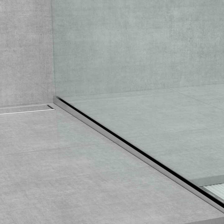 Profil Compensare Panta Dus Walk-In cu prindere sticla STKPV, Montaj pe partea Dreapta a rigolei, Inox Periat, Montaj Estetic intre Zona Umeda si Pardoseala, Lungime 1.35 m, h 10 mm, PROFILITEC