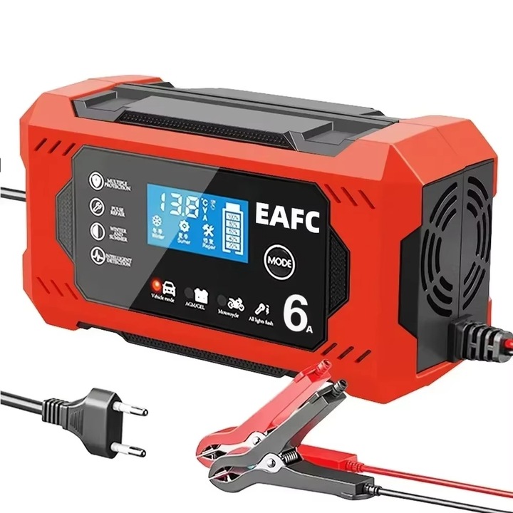 Redresor acumulatori 12V 6A max 4-100Ah, motocicleta - masina, Cu afisaj, Recunoasterea inteligenta a modului de iarna si vara, Incarcarea impulsurilor repara bateria, Identificati inteligent capacitatea ramasa a bateriei, rosu