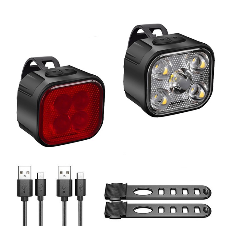 Set lumini LED fata si spate pentru bicicleta, TREXORA, alb/rosu, incarcare USB-C, rezistent la apa, 1000mAh
