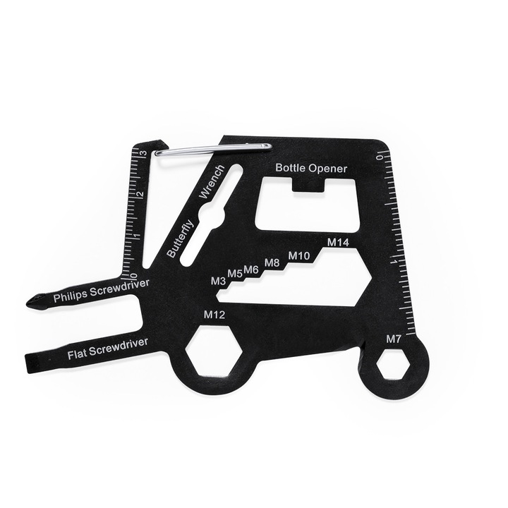 Truck Tool 14 in 1, Gadget Multifunctional de Buzunar pentru Pasionati de Aventura si Camping, Negru, Dalimag