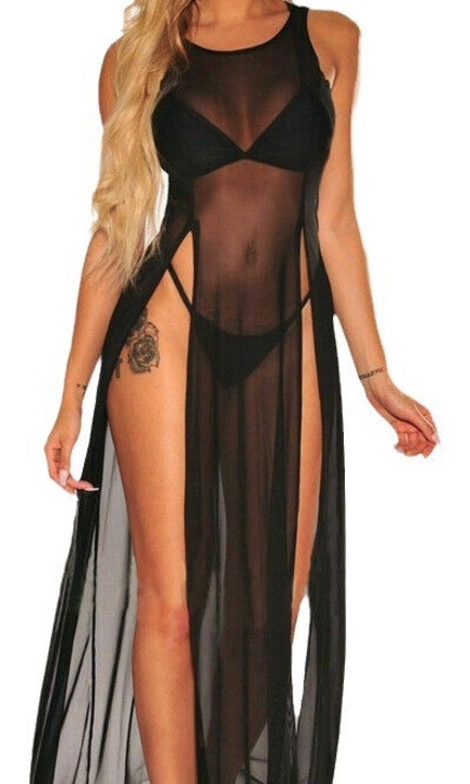 Rochie plaja lunga, fara maneci, cu despicatura, marime unica, negru