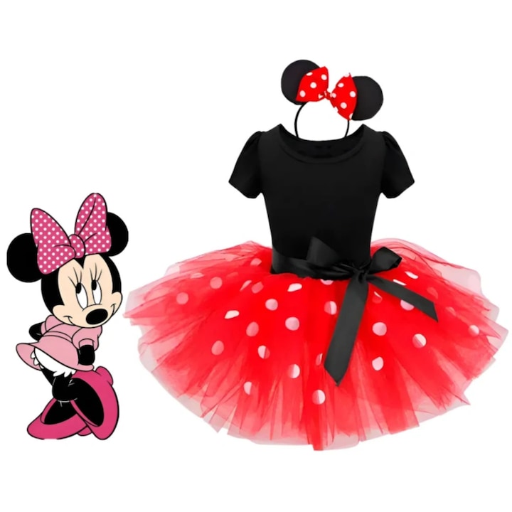 Costum carnaval fetite rochita tutu cu urechi Minnie petrecere tematica Disney pentru serbare sedinta foto tematica surpriza pentru pasionate outfit pentru Halloween petrecere ziua dnastere, rosu,100cm