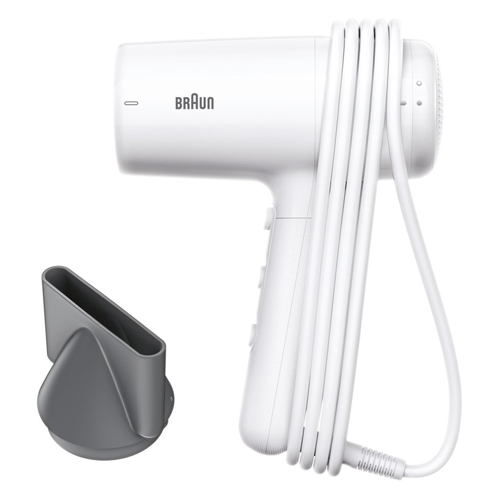 Сешоар Braun Hd2.1, Лек сешоар с дюза, 2100 W с 3 температурни настройки и 2 скорости, Премиум лъскаво покритие в бяло, Красота, Комфорт и издръжливост, Brhd210E