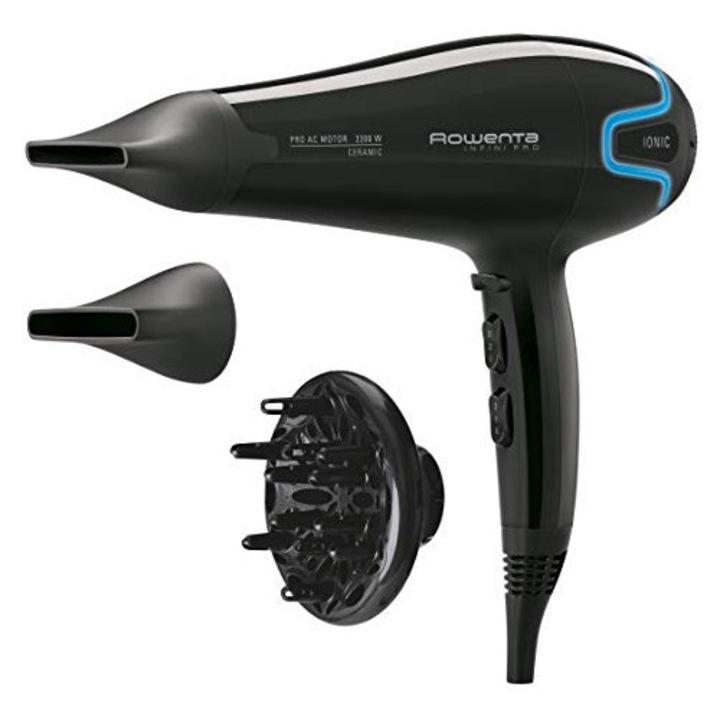 Сешоар Rowenta Cv8730 Infini Pro, променливотоков двигател, емблематична функция, професионално сушене на коса, въздушен поток до 120 км/ч, черен