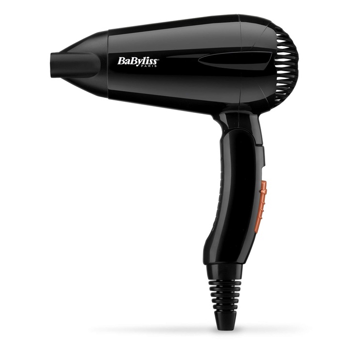 Сгъваем сешоар Babyliss Travel – лек и мощен 2000 W сешоар, универсално напрежение, може да се използва по целия свят, 2 настройки за температура/скорост, черен/оранжев, 5334U