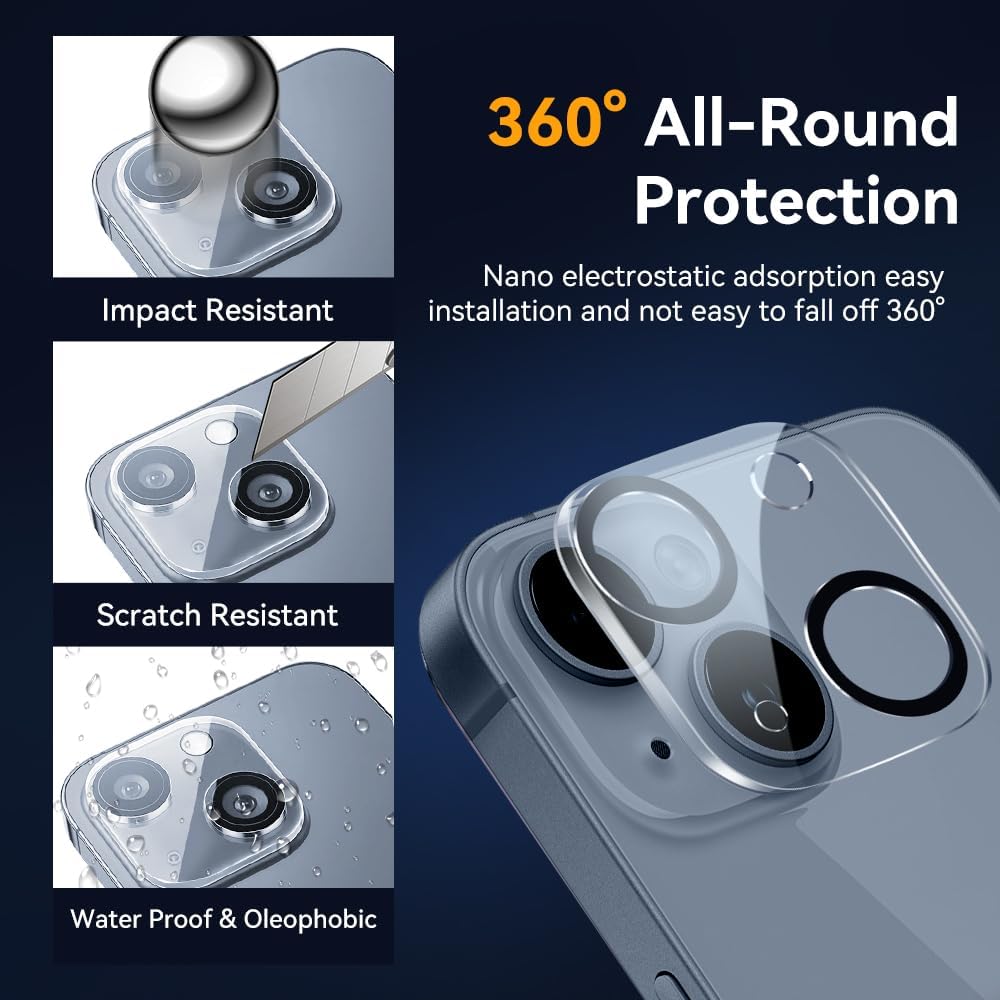 Set 2 folii din sticla securizata pentru lentile, MDUG, compatibile cu iPhone 14/14 Plus、iPhone 15/15 Plus - protectie camera spate, HD 9H, pentru protejarea lentilelor, negru