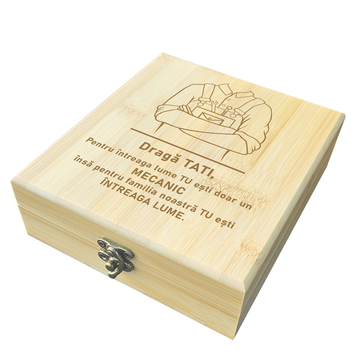 Cadou pentru Tata Mecanic, Set pentru Vin, Cutie din Lemn Personalizata