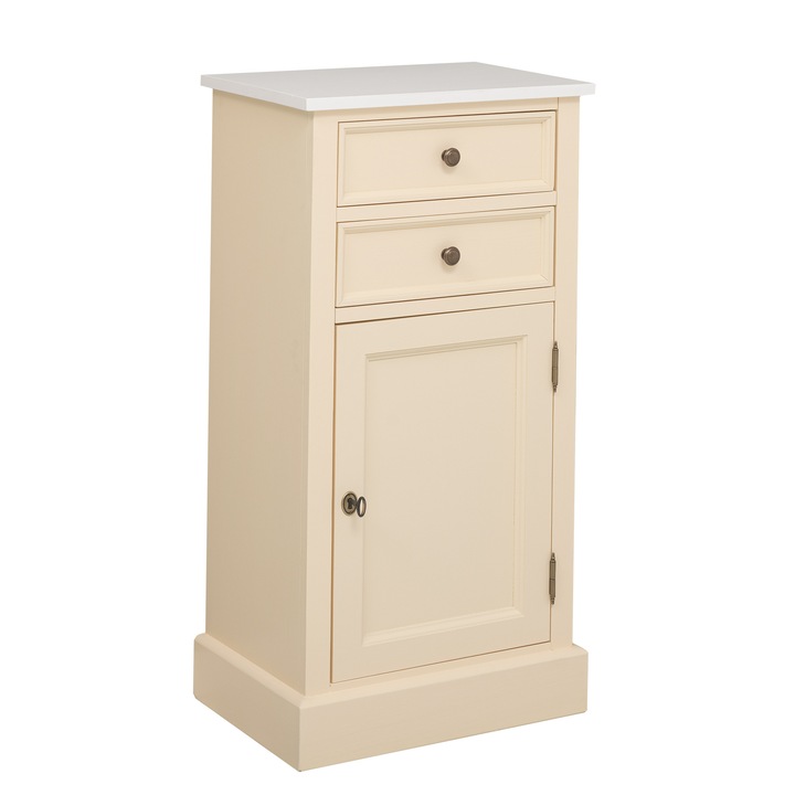 Comoda cu 2 sertare si 1 usa, culoare blat alb P004, culoare corp crem P025, dublu color, 100% lemn masiv, 50x96x35 cm