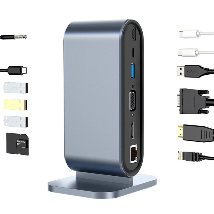 USB HUB 12 в 1, Многопортов адаптер 4 USB 3.0, 3.5 мм аудио жак / USB Type-C/TF/SD, PD 100W зареждане, VGA/1080P, 4K/30Hz, Ethernet, Докинг станция за лаптоп, мишка, OUYLAF, Сив