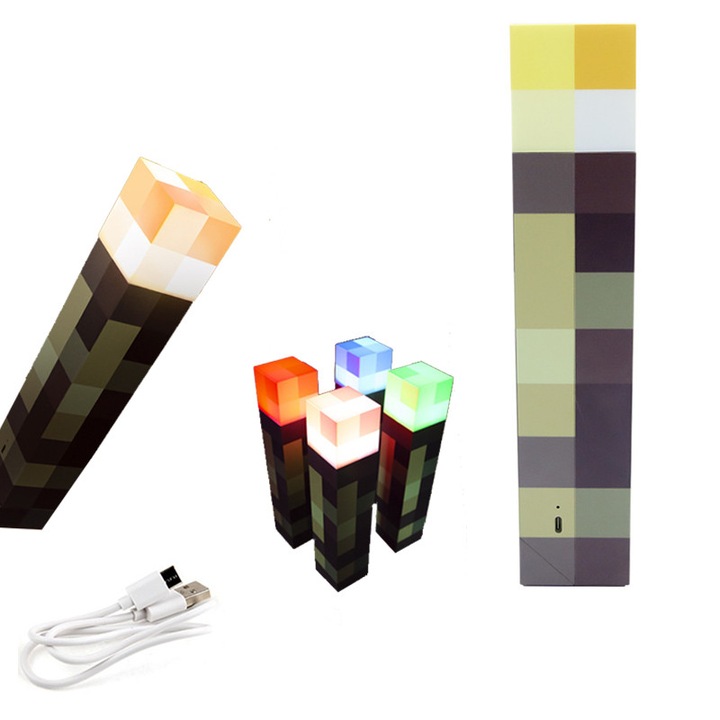 Lampa de veghe LED Minecraft, Fudisenn, reincarcabila, 4 culori, 28x6x6cm, pentru copii