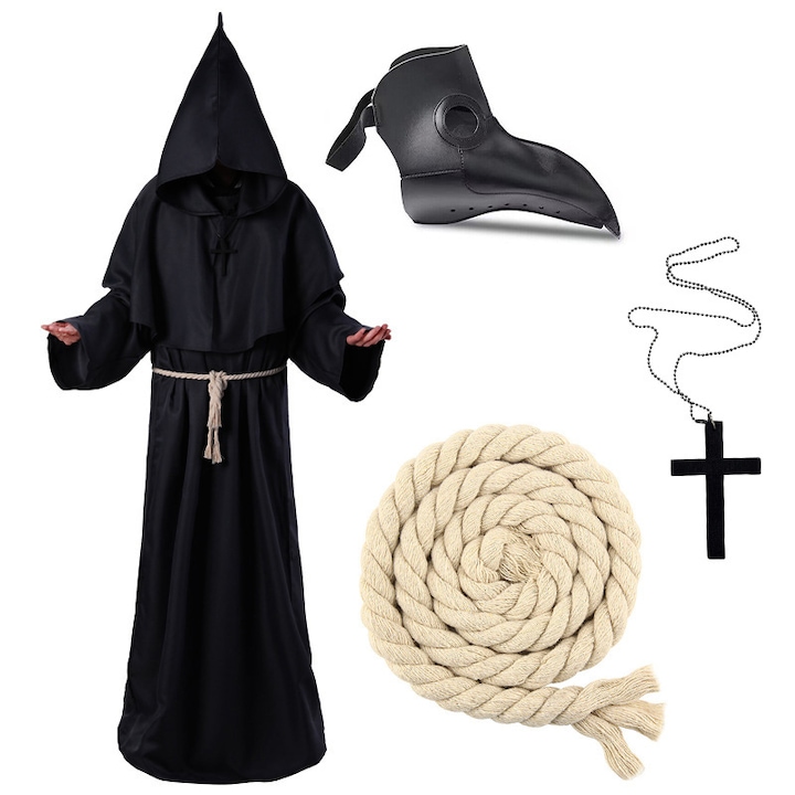 Costum Doctor Ciuma pentru Adulti, Rqiurpn, Negru, Universal, Include masca si colier