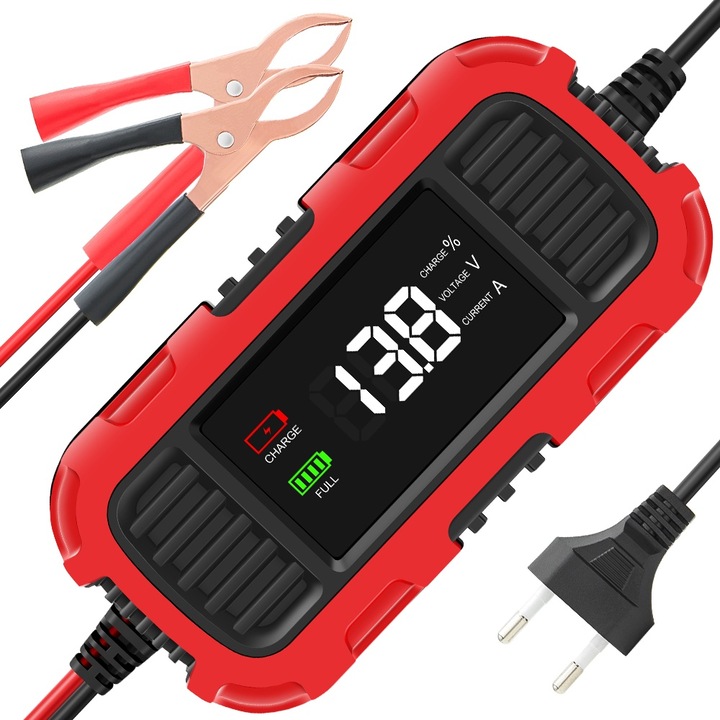 Techstar 12V 2A motorkerékpár akkumulátortöltő, 3 fokozatú intelligens töltés, LED kijelző, automatikus leállítás, AGM/GEL/SLA/WET kompatibilis, védelem túlmelegedés és rövidzárlat ellen