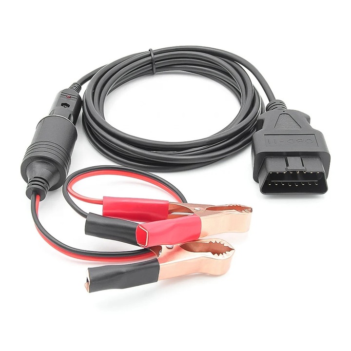 12 V-os ECU memóriakímélő kábel, JFIND JC02 OBDII memóriakímélő, OBD csatlakozóval, krokodilkapcsokkal, szivargyújtó csatlakozóval, tápellátással, 8A biztosítékkal, 3 m hosszú, minden autóval kompatibilis