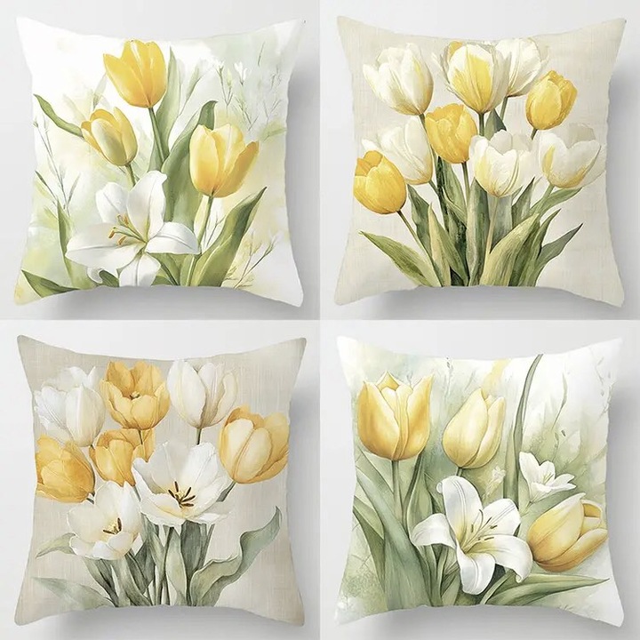 4 db-os díszpárnahuzat készlet, dekoráció, tavaszi virágos, sárga tulipán, liliom motívum, 45x45 cm #150