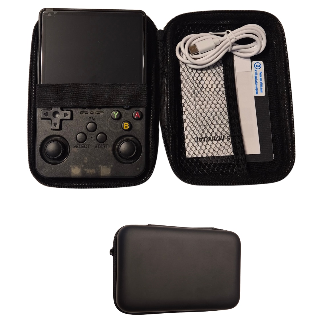 Consola portabila retro R36S, 64GB, peste 15000 jocuri clasice preinstalate, ecran IPS 3.5” HD, joystick dual 3D, suport multi-emulator, baterie 3000mAh, card microSD inclus, gri