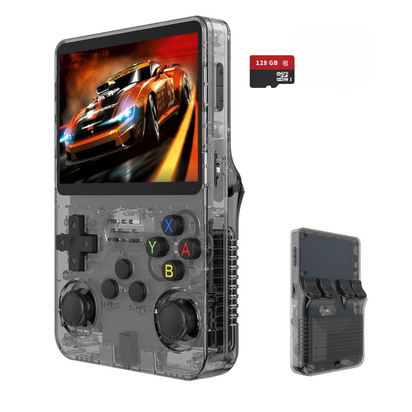 Consola portabila retro R36S, 128GB, peste 22000 jocuri clasice preinstalate, ecran IPS 3.5” HD, joystick dual 3D, suport multi-emulator, baterie 3000mAh, card microSD inclus, gri
