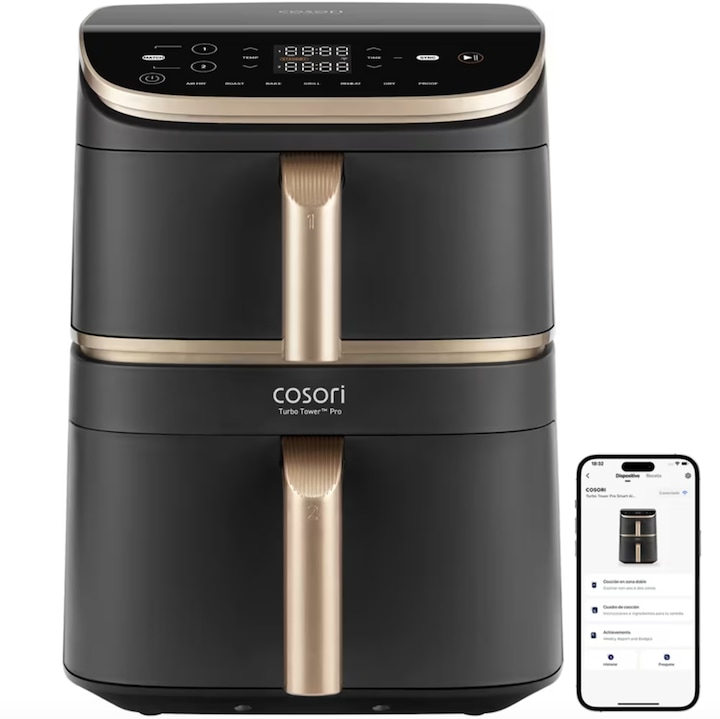 Friteuza cu Aer Cald Cosori Turbo Tower Pro Smart, 2630 W, 6.5 l si 4.3 l, temperatura 30° - 230°C, 7 programe presetate, cosuri cu invelis ceramic, Negru