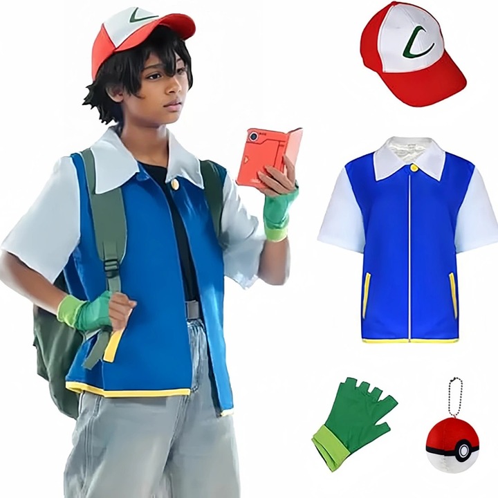 Costum cosplay copii Ash Ketchum anime pentru cu sapca, vesta si manusi Cadou ziua copilului baiat carnaval Tinuta role play antrenor Pokeball Halloween pentru ziua nastere sedinte foto tinuta,130(5-6 ani)