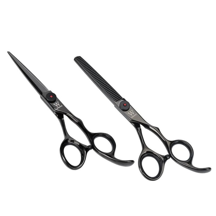 Комплект фризьорски и предачни ножици WMARK NG-PS002A/B, професионални, неръждаема стомана 9CR18, размер 6 инча, масло, гребен, 2 влакна, черни
