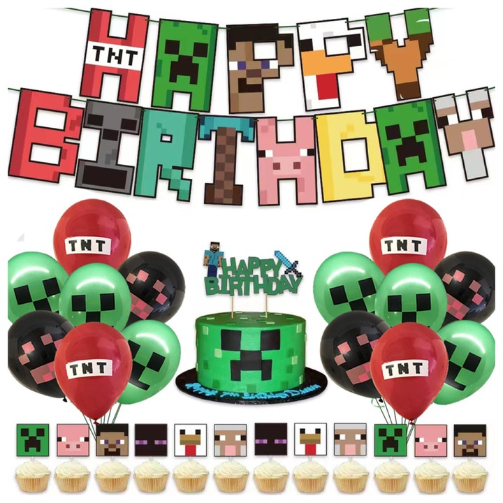 Set decorativ de ziua de nastere 45 piese, TREXORA, design pixelat, reutilizabil, multicolor