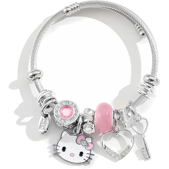 Bratara Hello Kitty Reglabila, Bratara din Otel Inoxidabil Stil Pisica, Accesoriu cu Pisica Cartoon, Bratara Prietenie Hello Kitty pentru Fetite Dragute, Cadou de Zi de Nastere pentru Femei