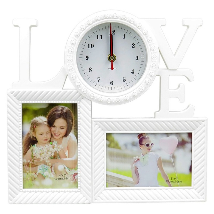 Rama foto decorativa, tip LOVE cu ceas si 2 poze