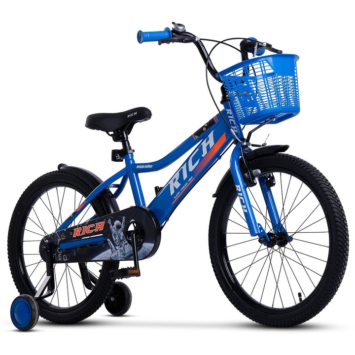 Gyerek MTB kerékpár 20"-os kerekekkel, első V-fék/hátsó dobfék, edzőkerekek, kék/narancssárga/fehér, Rich Baby Kids sportkerékpár, 7-10 éves korig