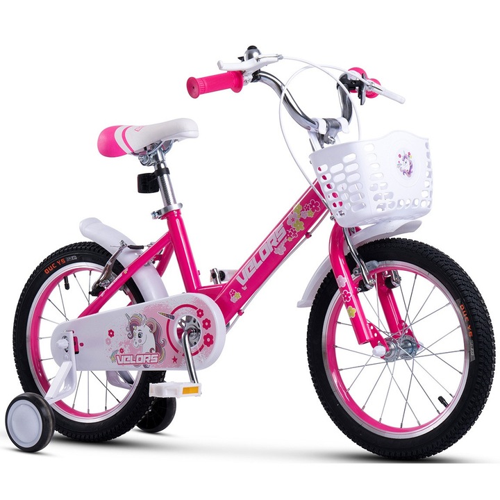 Детски планински велосипед с 14" колела, V-образни спирачки, помощни колела, кошница, цвят фуксия, велурено бебешко спортно колело за възраст 3/5 години