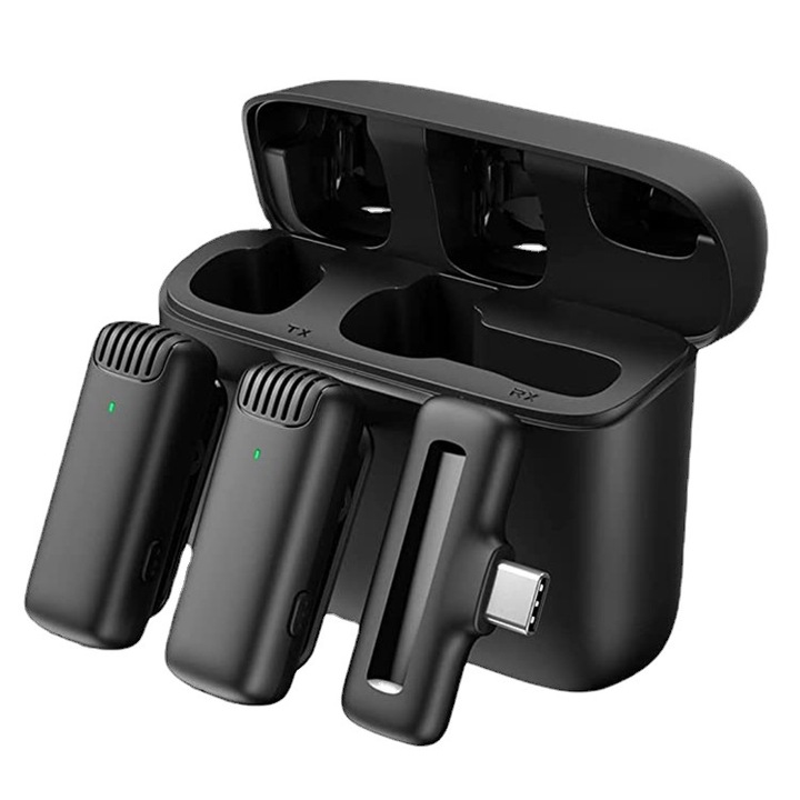 2 db professzionális Lavalier mikrofon készlet, autonómia 1-3 óra, Zajcsökkentő funkció, Vezeték nélküli, Android/iOS eszközökkel kompatibilis