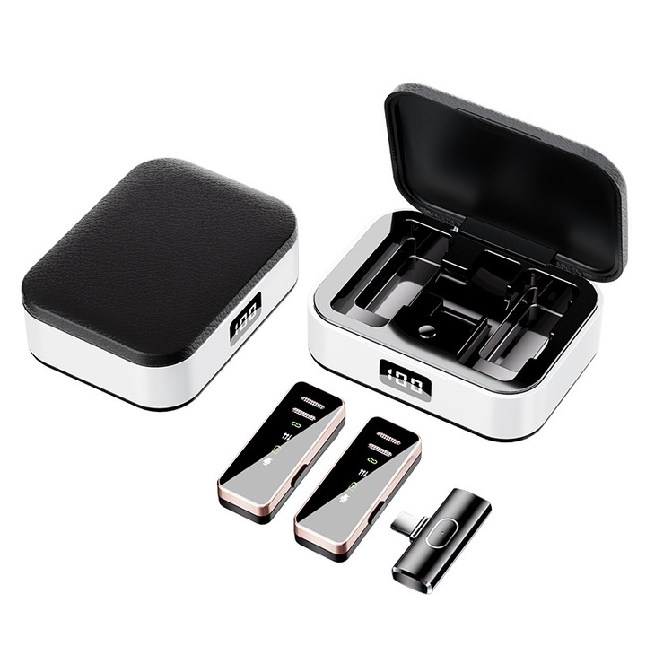 2 db professzionális Lavalier mikrofon készlet, autonómia 1-3 óra, Zajcsökkentő funkció, Vezeték nélküli, Android/iOS eszközökkel kompatibilis, Almaszáj, fehér