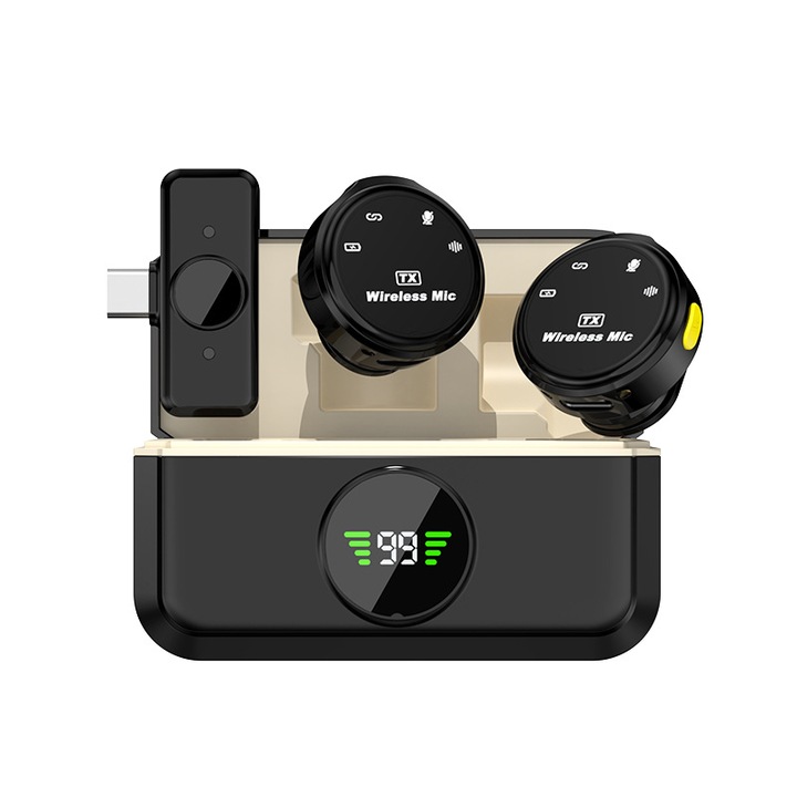 2 db professzionális Lavalier mikrofon készlet, autonómia 1-3 óra, Zajcsökkentő funkció, Vezeték nélküli, Android/iOS eszközökkel kompatibilis, Apple interfész, szuper erős mágneses klip