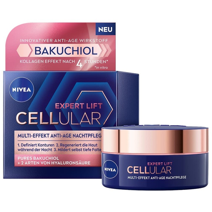 Нощен крем NIVEA Cellular Expert Lift Multi-Effect Anti-Aging Night Care, хидратиращ, за лице против стареене с хиалуронова киселина, 50 мл
