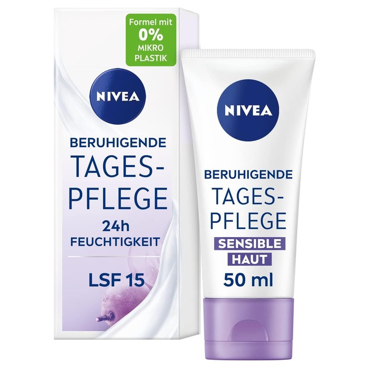 NIVEA Успокояващ дневен крем 24h Moisture SPF 15, крем за лице без аромати за чувствителна кожа, нежен дневен крем с масло от гроздови семки
