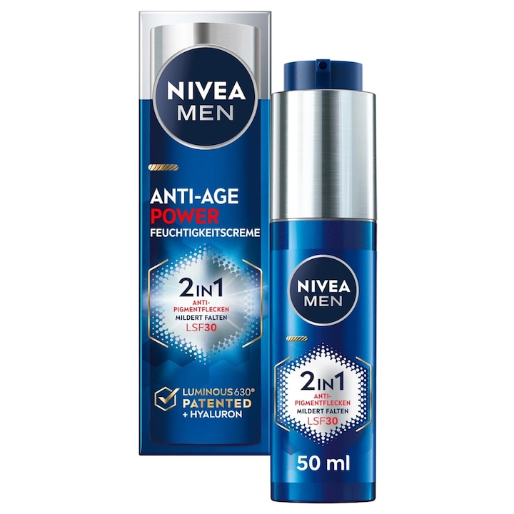NIVEA MEN Power 2 az 1-ben öregedésgátló nappali arckrém SPF 30 faktorral, arcápolás hialuronsavval az öregedésgátló hatásért, bőrápolás LUMINOUS 630-al öregségi foltok és pigmentáció ellen (50 ml)