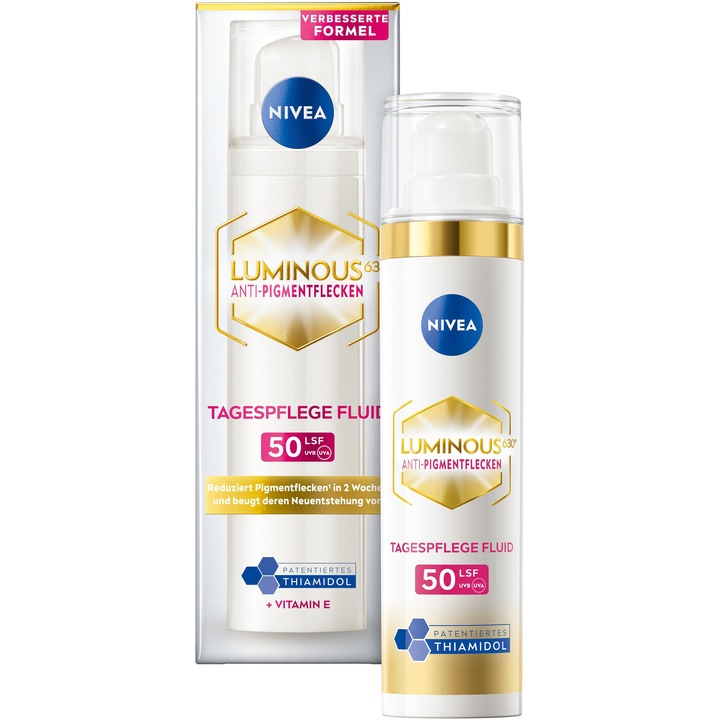NIVEA LUMINOUS 630 Дневен крем-флуид против пигментни петна, грижа за лицето със SPF 50, тиамидол, хиалуронова киселина и витамин Е, предпазва от стареене на кожата, причинено от светлина (40 ml)