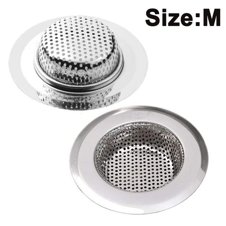 Filtru scurgere chiuveta, sita din otel inox M, cu microperforatie 2mm, antiinfundare si reutilizabil, argintiu, 2 bucati