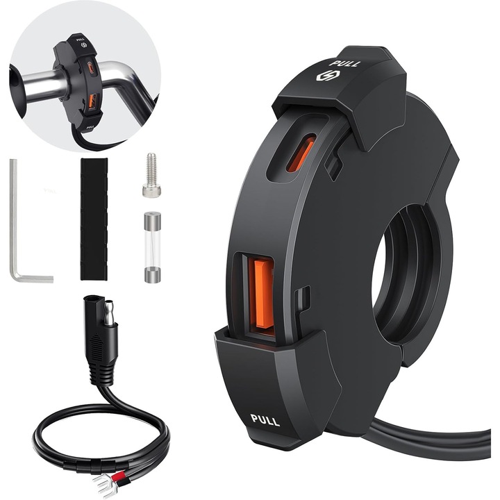 Motorkerékpár USB-töltő, TYPE-C PD QC3.0, gyorstöltés 12/24V, vízálló, SAE-USB, ATV-khez és robogókhoz, Fekete