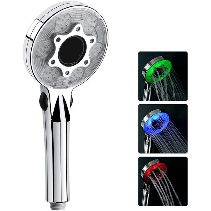 Cap de dus LED, 3 culori, moduri de pulverizare, economisire apa, dimensiune standard