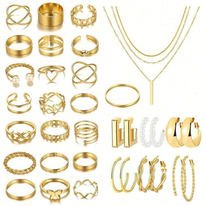 Set bijuterii dama 30Pcs, 2 coliere, 6 cercei, 22 inele, auriu