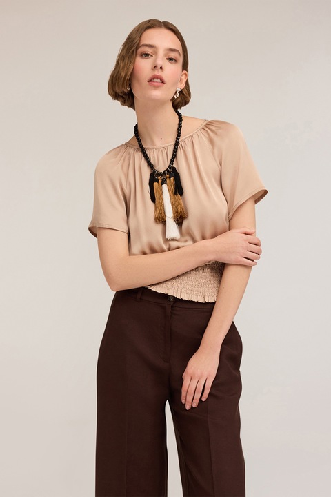 Motivi, Bluza de satin cu talie elastica, Maro camel, 32