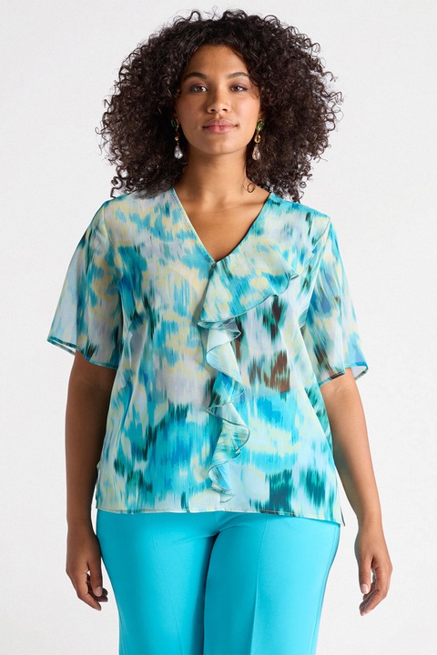 Fiorella Rubino, Bluza cu maneci scurte si volane, Alb murdar/Albastru deschis, 42