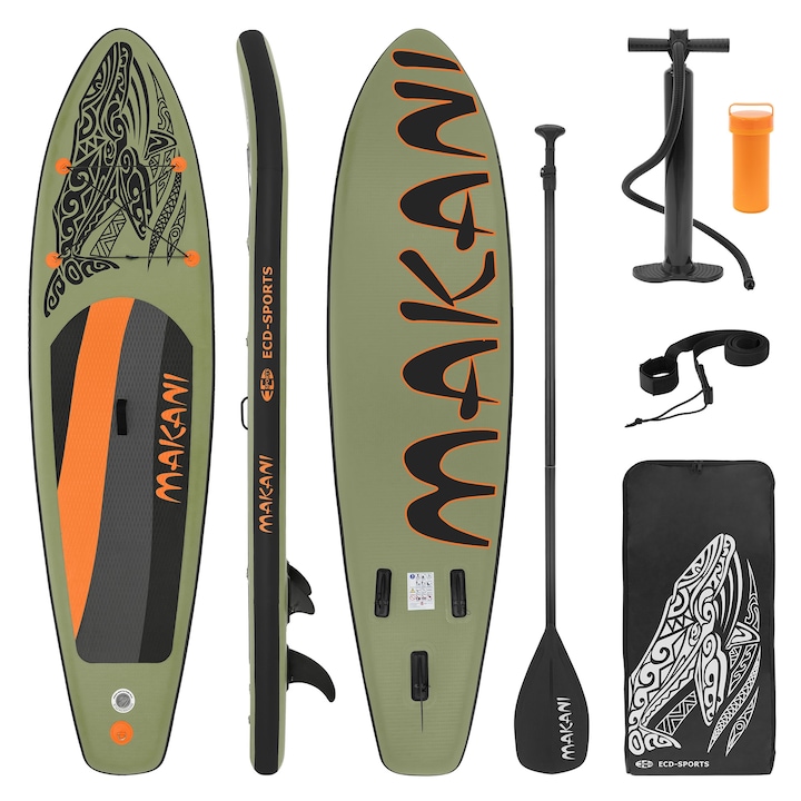 Set placa de surf gonflabila Stand Up Paddle Board Makani cu vasla reglabila ECD Germany, maslin, PVC, 320x80x15 cm, capacitate de pana la 120 kg, surfboard, geanta de transport si pompa incluse, SUP