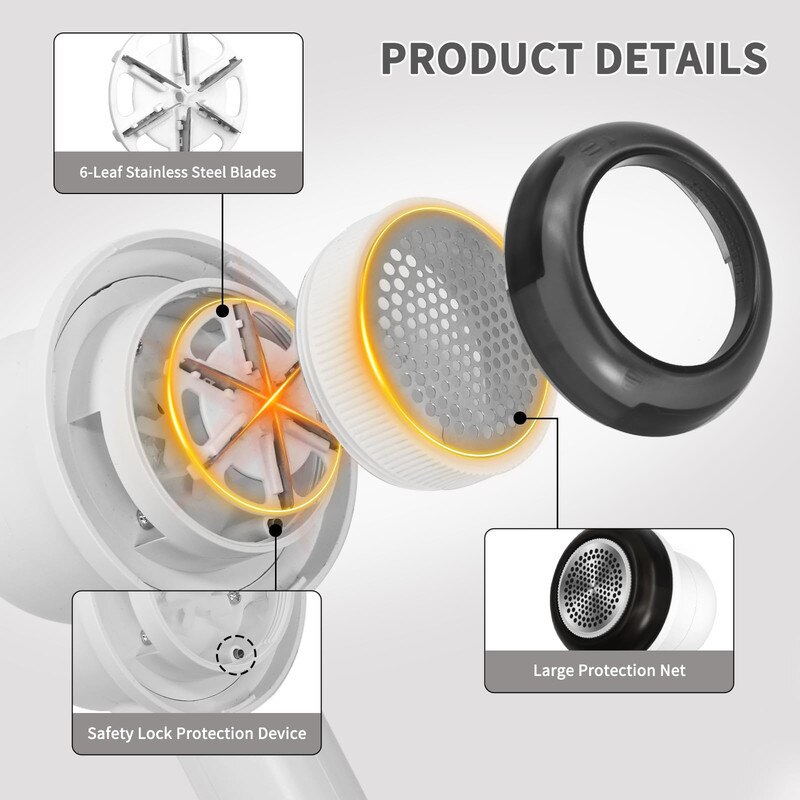 Aspirator de scame electric, 6 lame, alb, reincarcabil, 3 viteze ajustabile, set cu 3 lame de rezerva