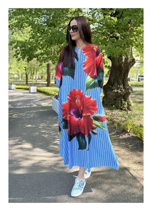 Rochie maxi cu buzunare si manaca lunga hibiscus stripes, Multicolor, One Size